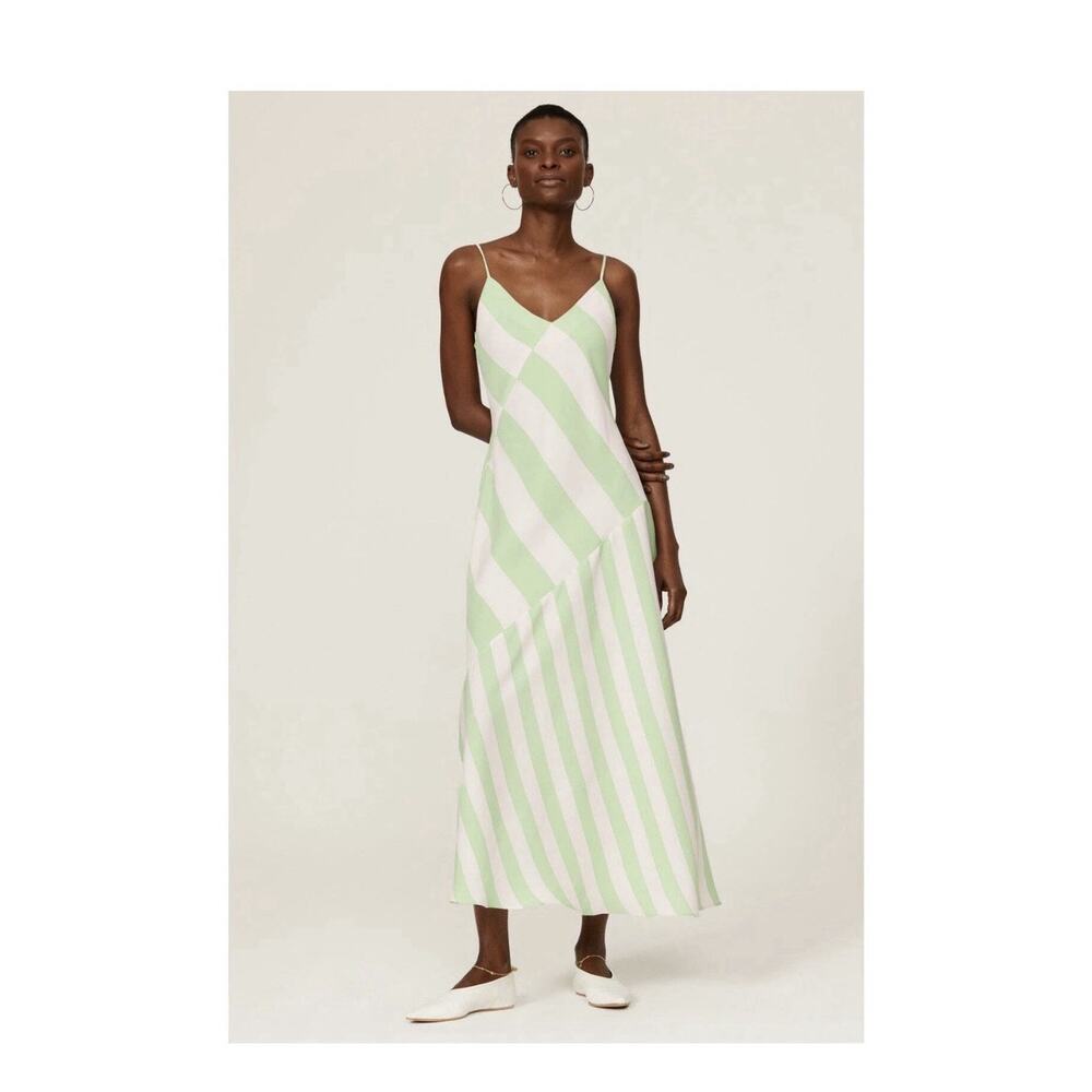 Saunders Collective Mint Imman Striped Sleeveless V-Neck Slip Midi Dress Size 14